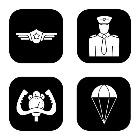 Pilot icons set. Pilot label, aircraft control wheel, parachute symbol. Vector white silhouettes illustrations in black squares.のイラスト素材