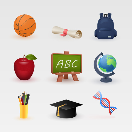 Education and learning color icons set, modern vector collection of high school objects and college items, teaching symbols and educational equipment. Isolated on white background.のイラスト素材