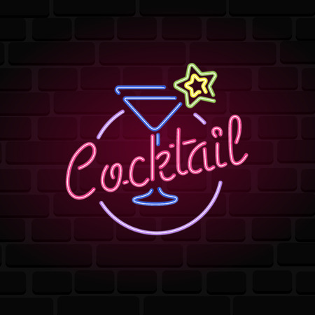 Cocktail neon sign, bright signboard, light banner. Cocktail logo, emblem.のイラスト素材