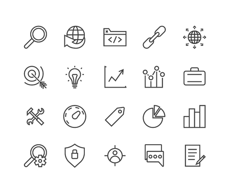 Simple Set of SEO Related Vector Icons, Contains such icons as target audience, tag, idea, statistics, optimisation and more. Modern vector pictogram collection in Editable Stroke.のイラスト素材