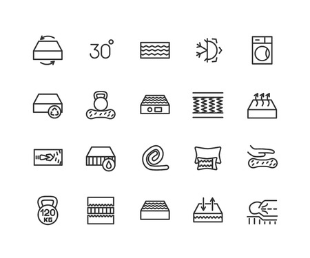 Mattress linear icons set. Latex, innerspring and memory foam mattresses. Isolated vector outline illustrations. Editable stroke 48x48 Pixel Perfectのイラスト素材