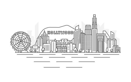 Los Angeles city, USA architecture line skyline illustration. LA background. Linear vector cityscape with famous landmarks, city sights, design icons. Landscape with editable strokes.のイラスト素材