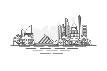 Buenos Aires, Argentina architecture line skyline illustration. Linear vector cityscape with famous landmarks, city sights, design icons. Landscape with editable strokes isolated on white backgroundのイラスト素材