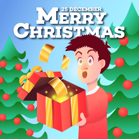 Illustration of a boy opening a Christmas present and being very surprised by the surprise of golden tickets.のイラスト素材