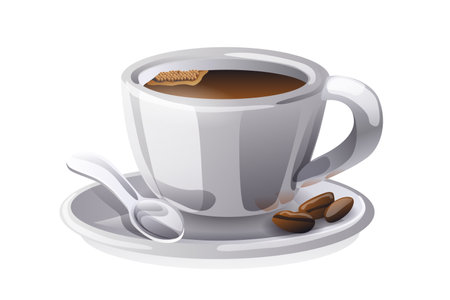 Illustration of a ceramic cup of coffee on a plate with a teaspoon and coffee beans. Suitable for cafe, fast food restaurant, street food, food truck.のイラスト素材