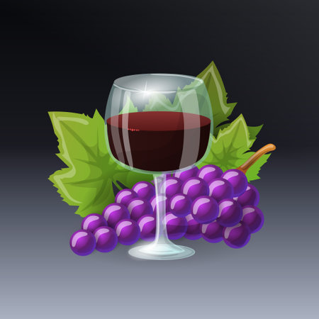 Illustration of a glass of red wine on a background of grapes with leaves.のイラスト素材
