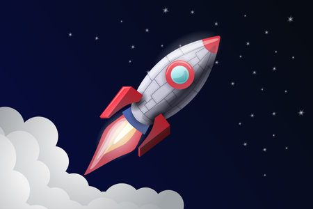 An illustration of a space rocket that breaks out of the clouds and flies towards the stars in space.のイラスト素材