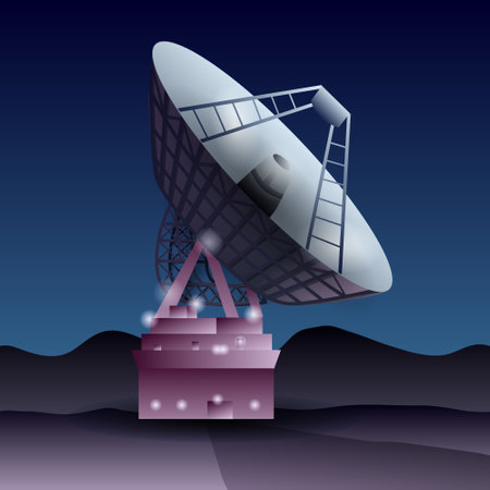 Illustration of a satellite dish or electronic telescope pointing into the sky at the stars.のイラスト素材