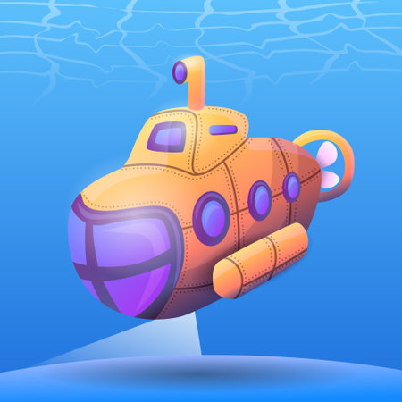 Illustration of a yellow submarine floating on the ocean floor.のイラスト素材
