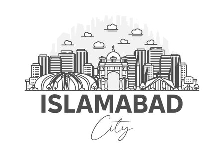 Islamabad, Pakistan architecture line skyline illustration with shadows. Linear vector cityscape with famous landmarks, city sights, design icons.のイラスト素材