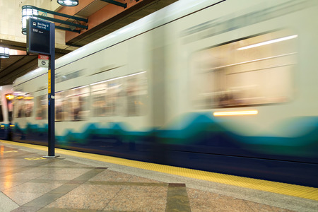 Seattle, WA, USA Feb 17, 2017: Motion blur of Sound Transit Link light rail train entering station in Seattle Transit tunnelのeditorial素材
