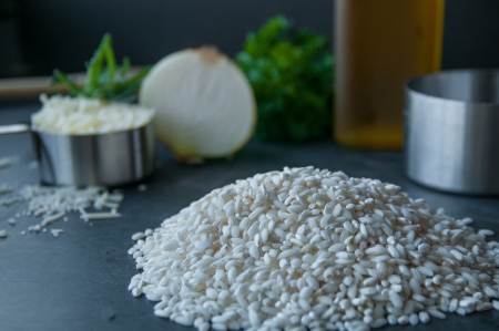 Arborio rice being prepared to cook Risottoの写真素材