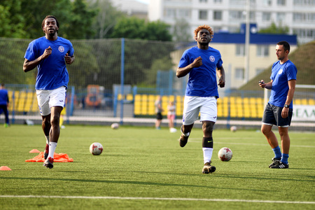 MINSK, BELARUS - JUNE 29, 2018: Soccer players training before the Belarusian Premier League football match between FC Luch and FC BATE at the Olimpiyskiy stadium.のeditorial素材