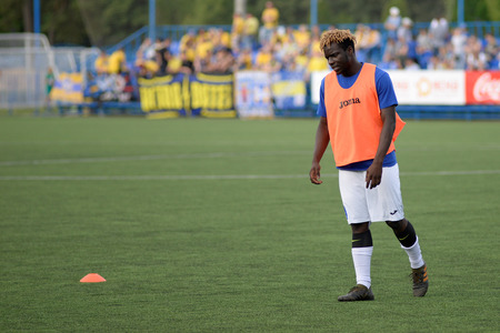 MINSK, BELARUS - JUNE 29, 2018: Soccer player Olabiran Blessing Muyiwa training before the Belarusian Premier League football match between FC Luch and FC BATE at the Olimpiyskiy stadium.のeditorial素材