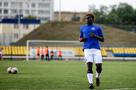 MINSK, BELARUS - JUNE 29, 2018: Soccer player Olabiran Blessing Muyiwa training before the Belarusian Premier League football match between FC Luch and FC BATE at the Olimpiyskiy stadium.のeditorial素材