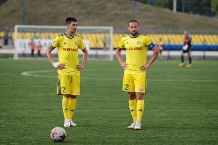 MINSK, BELARUS - JUNE 29, 2018: Soccer playerslooks on during the Belarusian Premier League football match between FC Luch and FC BATE at the Olimpiyskiy stadium.のeditorial素材