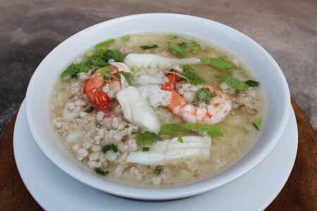 Rice porridge with minced pork, shrimp and squid, Chinese food