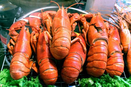 Steamed lobsters that are sold as street food in Bangkok, Thailandの写真素材