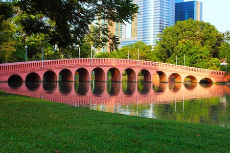 Pink concrete bridge in a public park at Bangkok, Thailandの写真素材