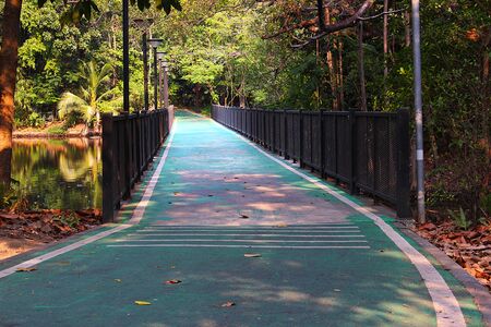 A concrete bridge with black iron railings for crossing a pond in a park at Bangkok, Thailand