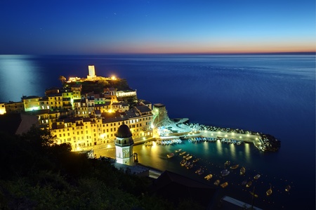 Vernazza fishing village by night, Cinque Terre, Italyのeditorial素材