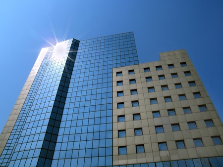 modern building and clear blue skyの写真素材