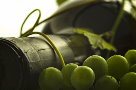 wine bottle closeup with grapes detailの写真素材