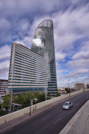 wide view of street in Paris, La Defense with skyscrapperの写真素材