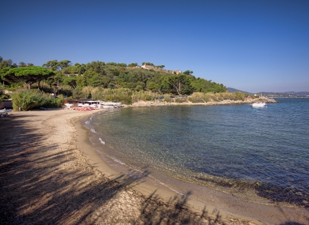 Saint Tropez beach in morning french riviera, mediterranean sea の写真素材