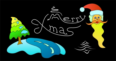 Christmas symbols for postcard, invitation with Santa Claus and winter treeのイラスト素材