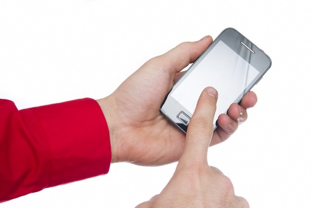 man hand pointing on smart phone screen の写真素材