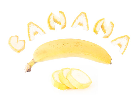 banana word text and fruit isolated on wnite backgroundの写真素材