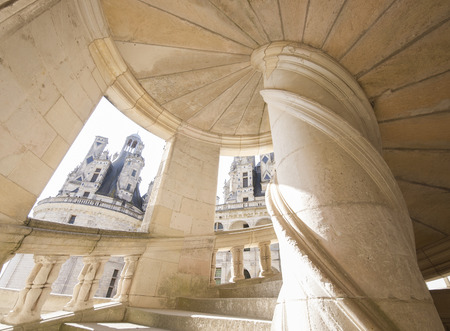Chambord, France - September 25, 2011: Detail of an original staircase from Chambord castle, it was built in the 16th century and is one of the most recognizable chateaux in the world. wide view photoのeditorial素材