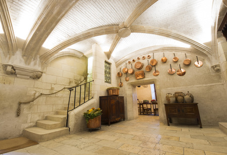 Chenonceaux, France - September 24, 2011: Castle of Chenonceaux was built in 1513, it is located on the Loire Valley of France. Photo of one of the fabulous kitchens constructed in the piers of the bridge.のeditorial素材