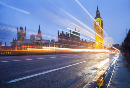 Big Ben and car traffic in London, long exposure photo at night