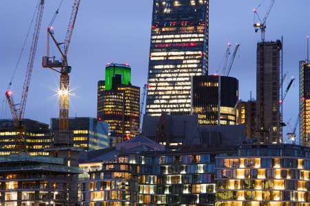 night view of modern buildings in London cityの写真素材