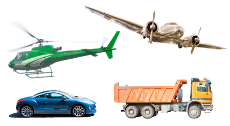set of travel items with car, truck, helicopter and airplane isolatedの写真素材