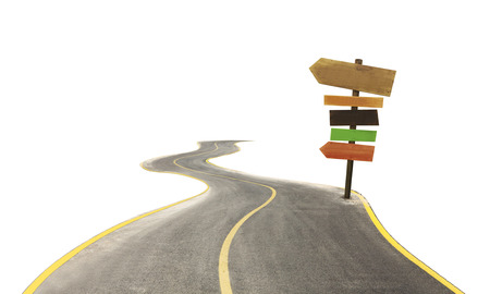 curved road with arrow signs isolated on white backgroundの写真素材