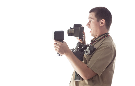 surprised man taking photos with white background