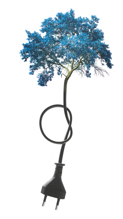 abstract blue tree and plug in wire concept isolated on white