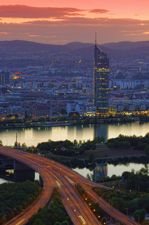 sunset scene with Vienna city skyline and Danube river. Austriaのeditorial素材