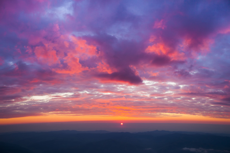 beautiful sunset landscape seen from mountainの写真素材
