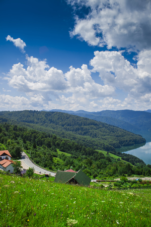 beautiful Bicaz lake and countryside landscape, Romania.の写真素材