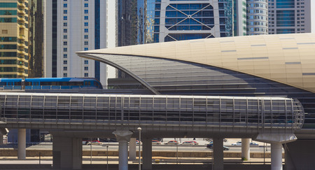 modern metro enter the station in Dubai city, UAE