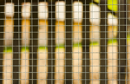 thin fence made of metal mesh wire, blurred backgroundの写真素材