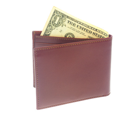 one dollar bill in red leather walletの写真素材