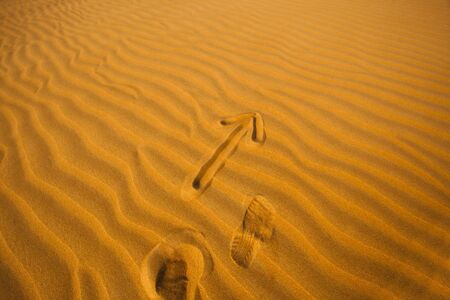 arrow in the desert sand pointing forward, leader conceptの写真素材