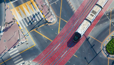 tram on railway in Dubai city, Aerial viewの写真素材