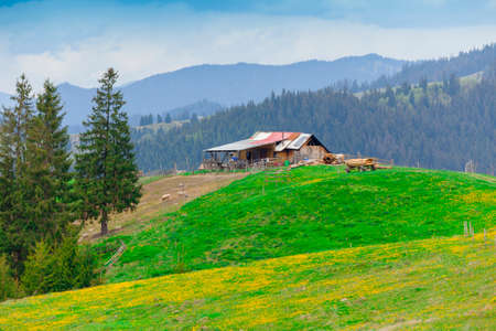 sheepfold in Romania. Moldavia landscape with hillsの写真素材