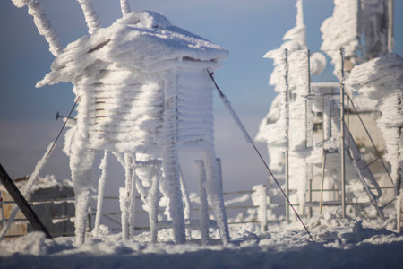 frozen instruments at weather station. winter mountain scene